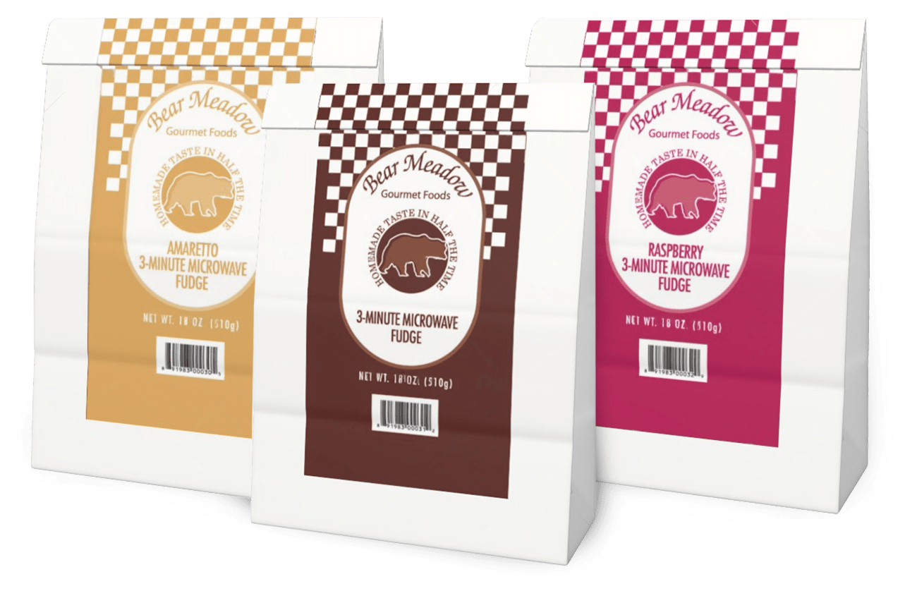 Bear Meadow Gourmet Foods label featuring "3-Minute Microwave Fudge packaging