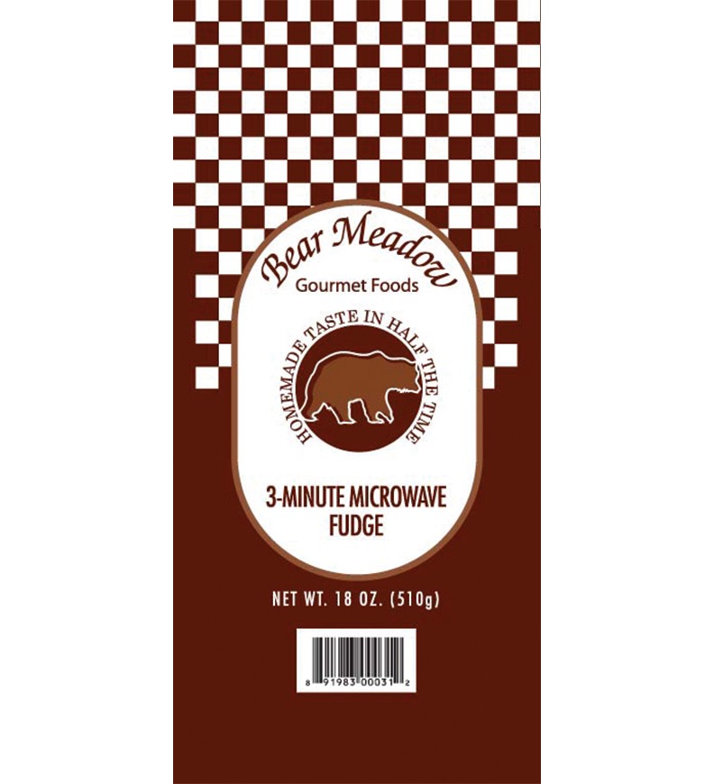 Bear Meadow 3-Minute Microwave Fudge package featuring a bear graphic and checkered design, emphasizing quick and easy homemade dessert preparation.