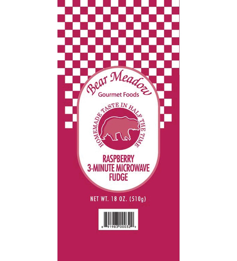 Bear Meadow Raspberry 3-Minute Microwave Fudge package, featuring a pink and white checkerboard design, a bear logo, and a net weight of 18 oz.